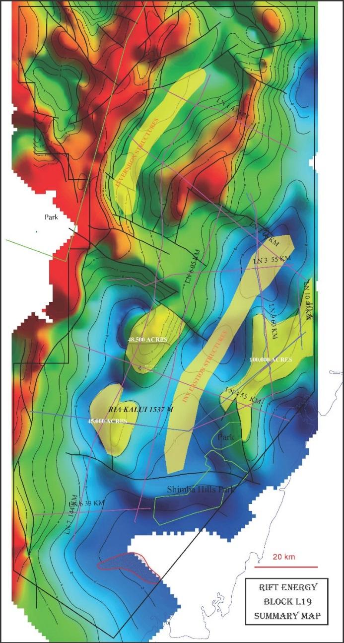 History of an exploration Asset Building a Technical Framework: Block L19 1) Aerial Gravity and Magnetic Survey Data was collected across the entire block at 2kmx 10km spacing.