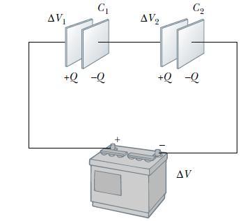 Example: battery and 2 capacitors in series A battery (internal resistance r=2 ohms, open-circuit emf = 10V) is connected at t=0 to two capacitors in