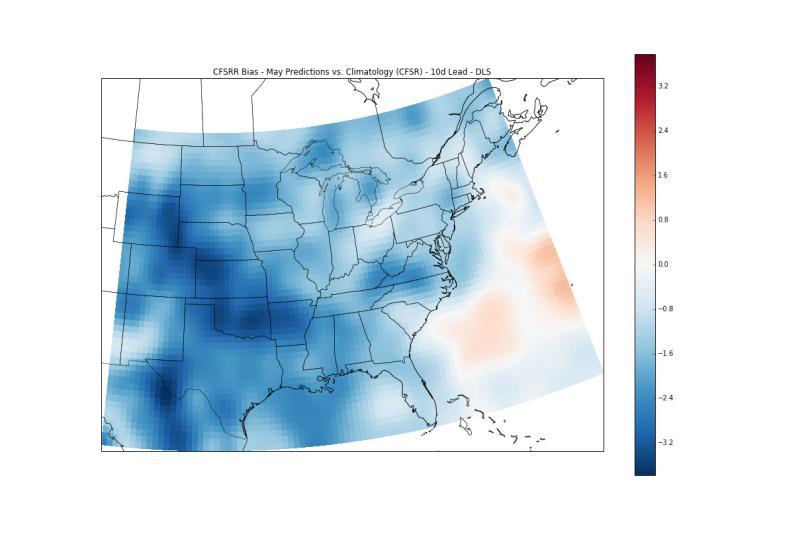 Figure 1. Analysis of bias in CAPE (left) and DLS (right) between the mean prediction from the CFSRR (May; 10-day lead) and a baseline climatology developed from the CFSR.