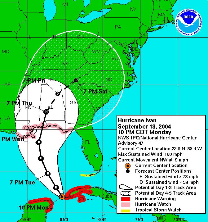 NHC Forecast Cone Represents the probable track of the center of the tropical cyclone. Formed by connecting circles centered on each forecast point (at 12, 24, 36 h, etc.