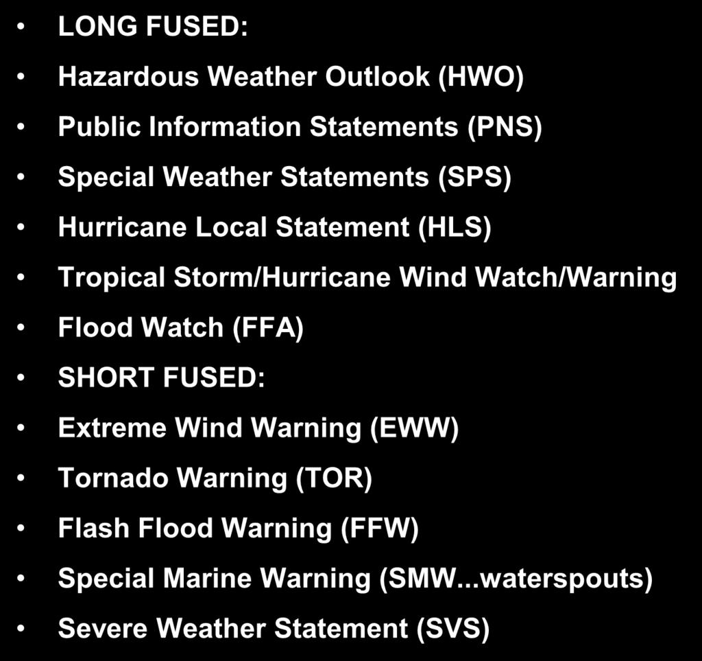 WFO Tropical Cyclone Products LONG FUSED: Hazardous Weather Outlook (HWO) Public Information Statements (PNS) Special Weather Statements (SPS) Hurricane Local Statement (HLS) Tropical