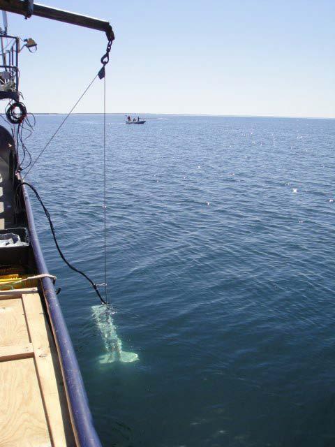 A towfish (left) equipped with (from left to right) a 600 khz ADCP, 120 khz split-beam transducer, 710 khz single-beam transducer, and 38/200 khz single-beam transducers.