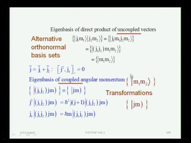 (Refer Slide Time: 04:08) So, essentially we are dealing with alternative orthonormal basis sets, one is the basis of the uncoupled vectors, which is the direct product of uncoupled vectors, so these