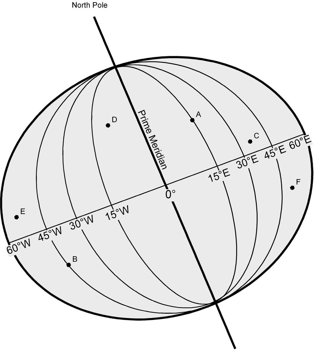 18: Use the diagram below, Figure 6, to determine the longitude for each designated point. Note that if a point does not lie on exactly on a labeled meridian, you must interpolate (estimate).