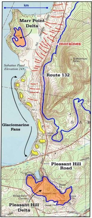 After Retelle and Weddle, 2001 Location Figure 1. Topography and location of glaciomarine deposits, Monmouth 7.5' quadrangle. Orange areas are glaciomarine deltas. Yellow are submarine outwash fans.