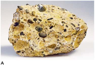 grains or rock fragments Quartz most common type of grain Environments include Beach, river, shallow sea, sand dunes Conglomerate Composed of