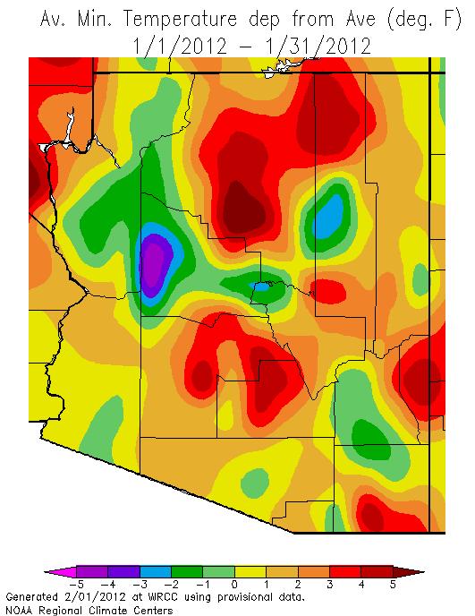 January minimum temperatures were 0-4 o F warmer than average across eastern Maricopa, northern Navajo southern