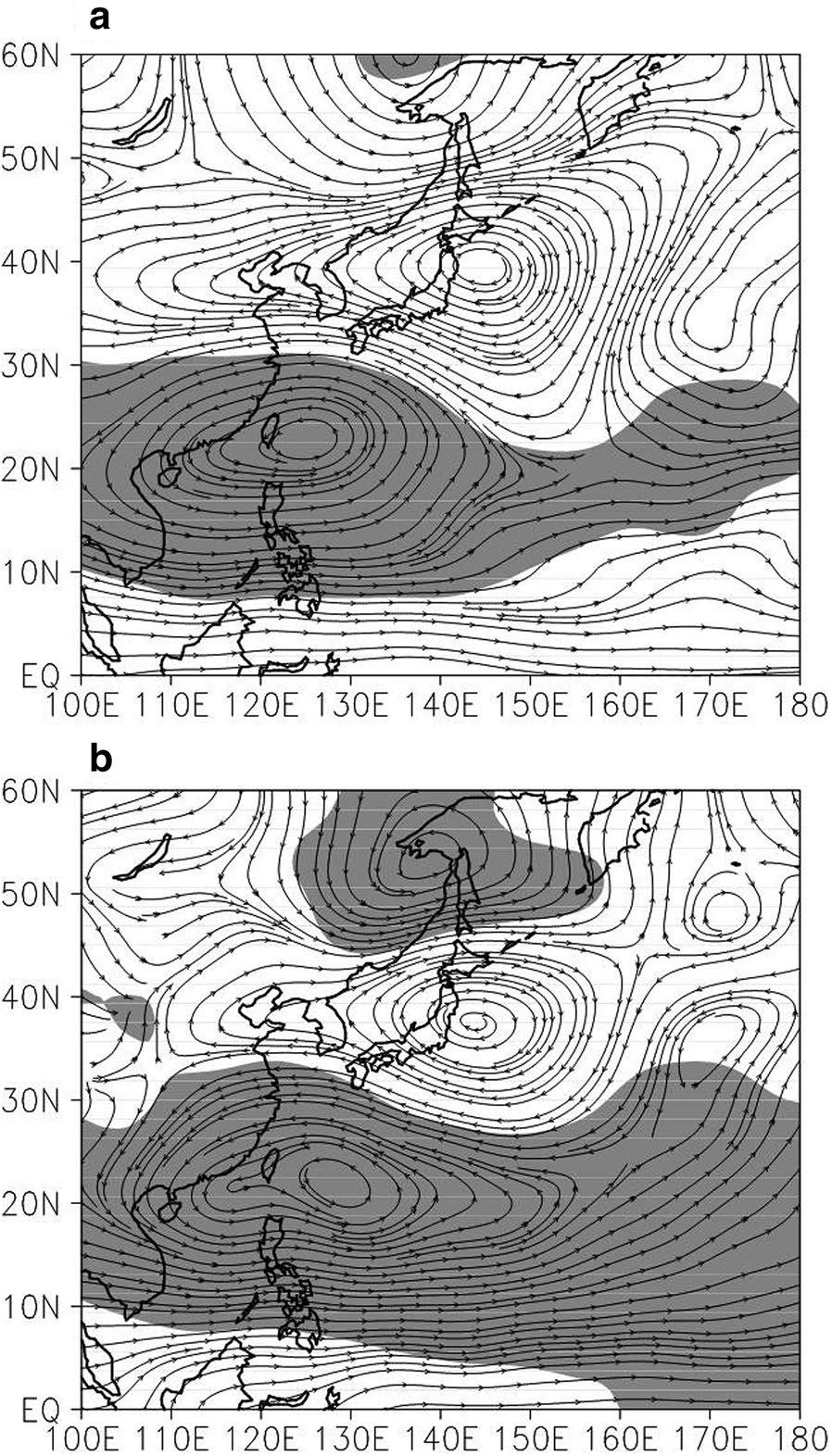 7 Differences in a 500 hpa and b 850 hpa streamlines between high EASMI years and low EASMI years.