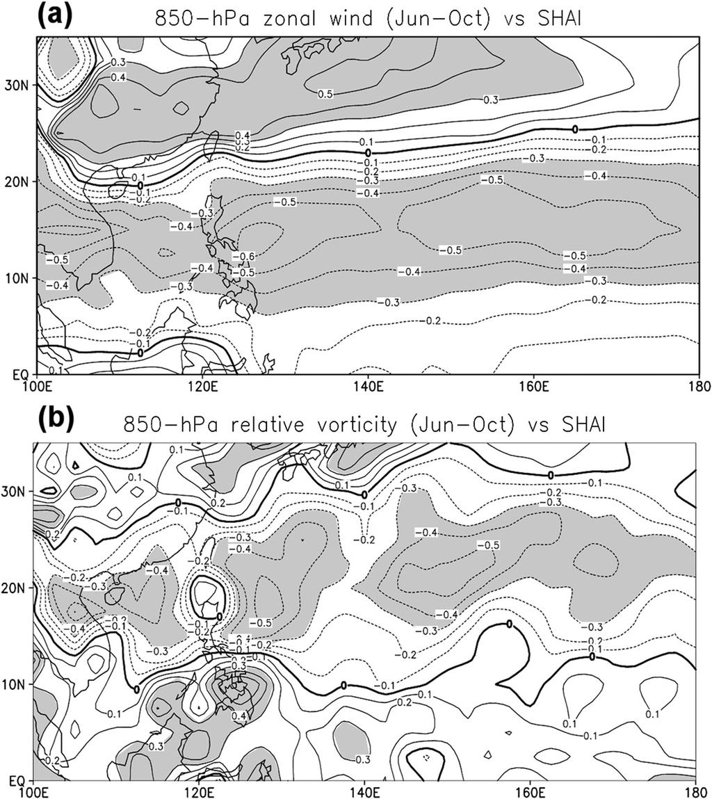 15 APRIL 2013 L I U A N D C H A N 2627 FIG. 13. (a) Correlation map between the SHAI and the 850-hPa zonal wind. (b) As in (a), but for the 850-hPa relative vorticity.