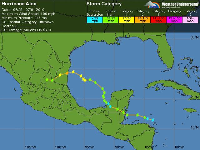 Hurricane Alex (#1): Alex formed in the western Caribbean on June 25 and intensified into a tropical storm early on June 26 (Figure 1). Later on the 26 th, Alex made its first landfall in Belize.