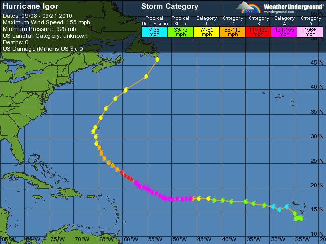 Major Hurricane Igor (#9): Igor formed in the far eastern tropical Atlantic on September 8 (Figure 9). It was classified as a tropical storm in its first advisory.