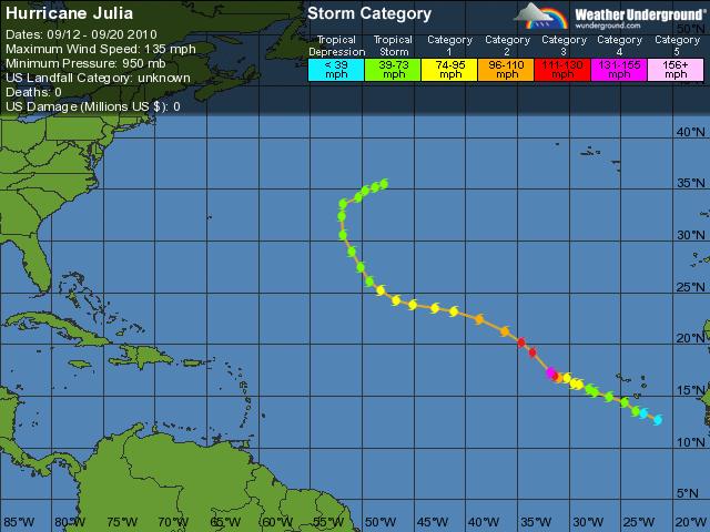 Major Hurricane Julia (#10): Julia formed in the far eastern tropical Atlantic on September 12 (Figure 10). It was upgraded to a tropical storm early on the 13 th.