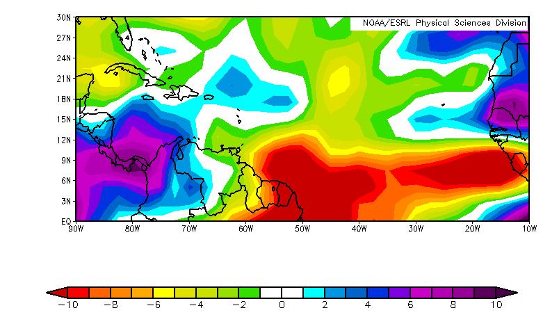 Figure 37: August-October-averaged 500 mb relative humidity anomalies. Note the anomalously dry conditions that prevailed over most of the tropical Atlantic.