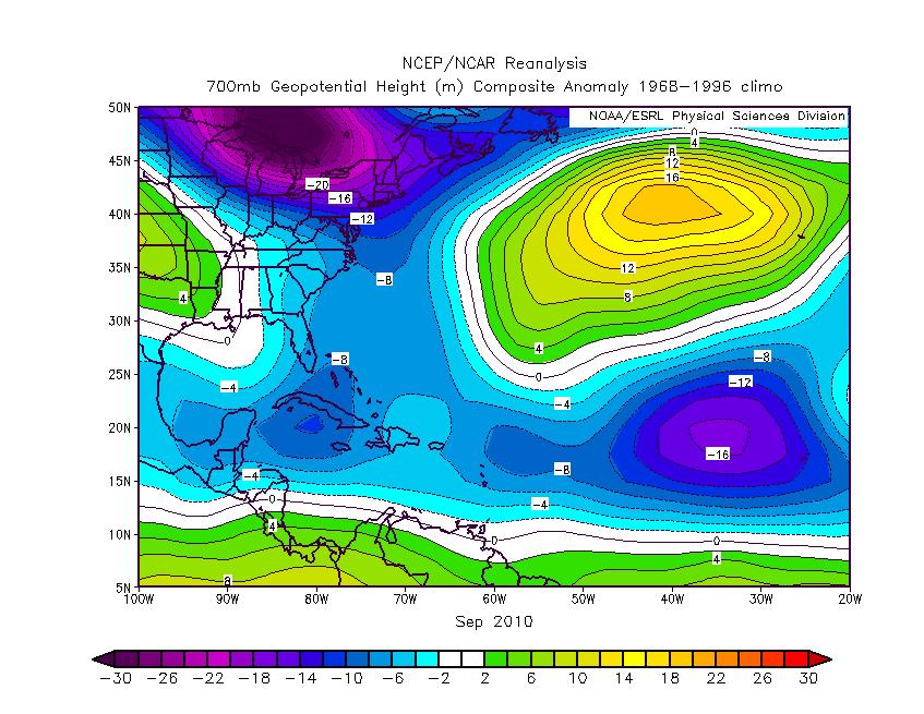 Figure 39: 700 mb height anomalies in the central and western part of the Atlantic in September 2010. Note the lower-than-normal geopotential height anomalies near the United States East Coast. 8.