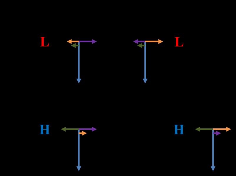 Figure 4. Force balance diagrams for the (a) anomalous low, (b) regular low, (c) anomalous high, and (d) regular high.