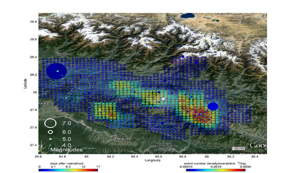 Figure 1: Earthquake density plot for Nepal on 11 May 2015. The method relies on the persistence of the density of aftershocks in time, which was strong in the Nepal case.