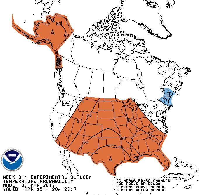 CPC s week 3&4 temperature forecast 2 category These are experimental two category outlooks and differ from official operational current three category outlooks currently used for the monthly and
