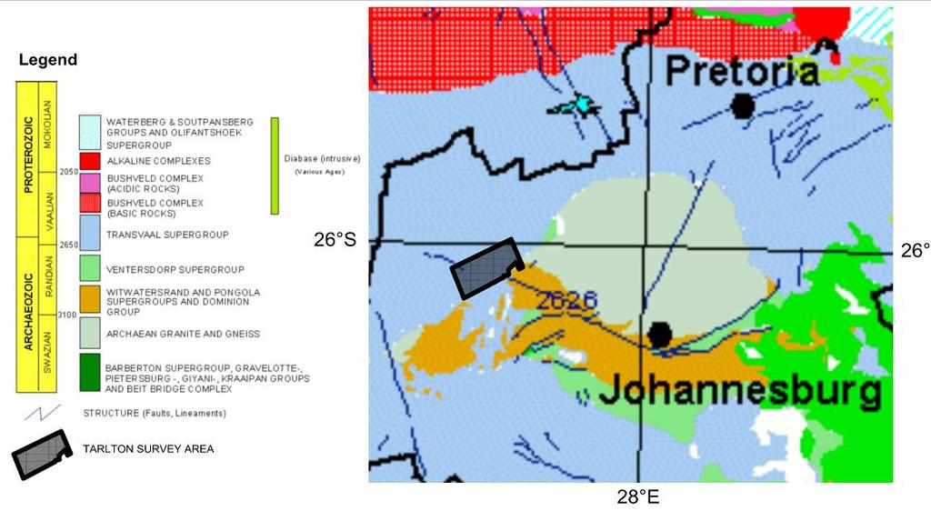Figure 1: Tarlton survey area superimposed on a simplified geological map of South Africa. Adapted from: http://www.geoscience.org.za/images/stories/rsageology.