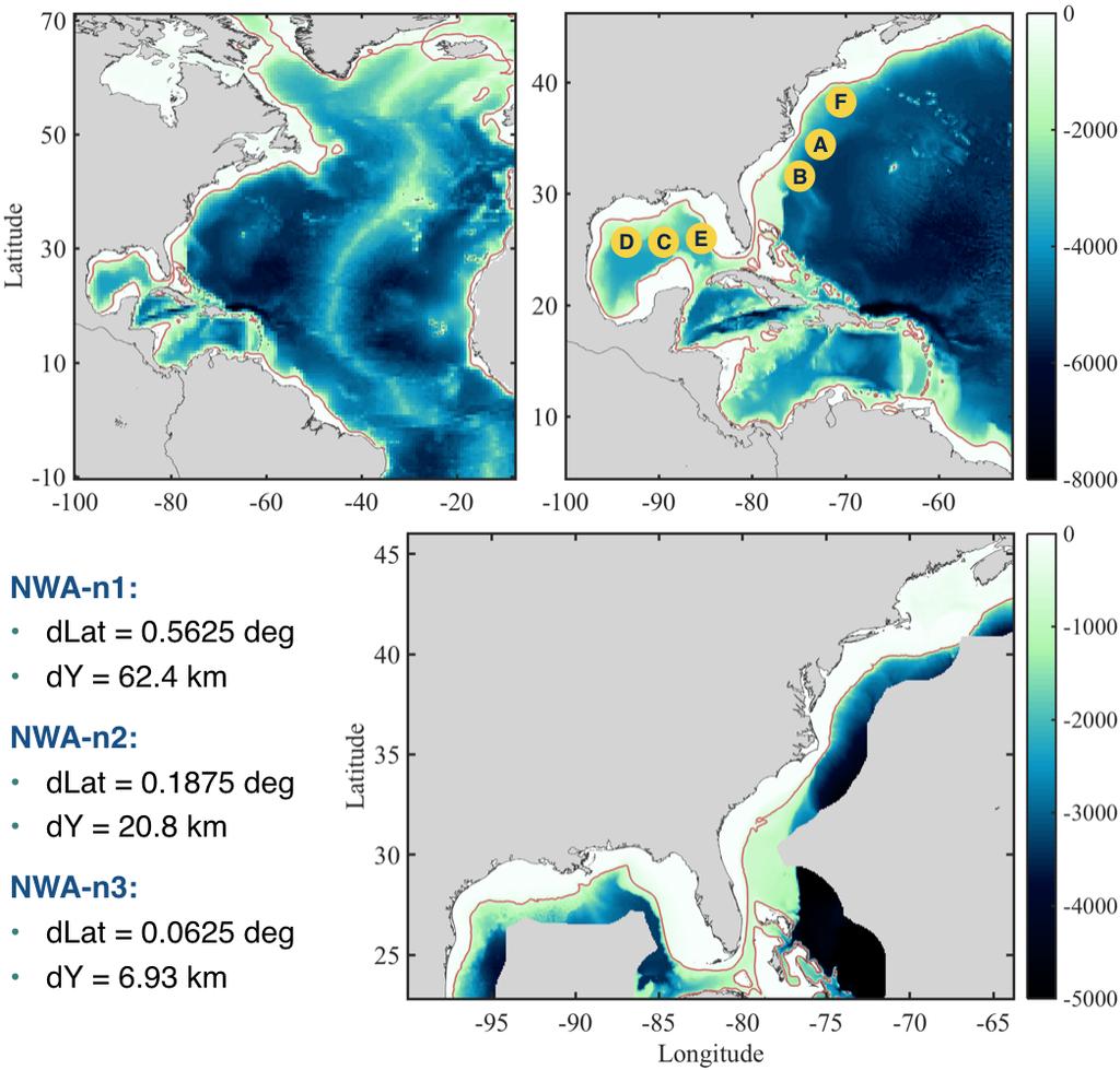 (c) Fig.1 NWA model bathymetries [m] for coupled grid setup (n1 3). NDBC buoy locations are shown in and red contours indicate regions with 500 m depth. 2.