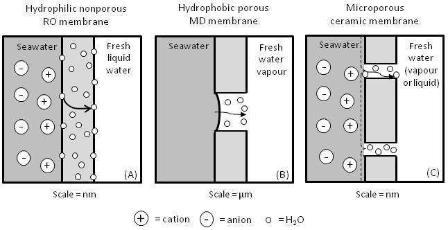 Water 2012, 4 632 Figure 1. Schematic representation of transport mechanism through a membrane via (A) reverse osmosis, (B) membrane distillation and (C) pervaporation for seawater desalination [3].