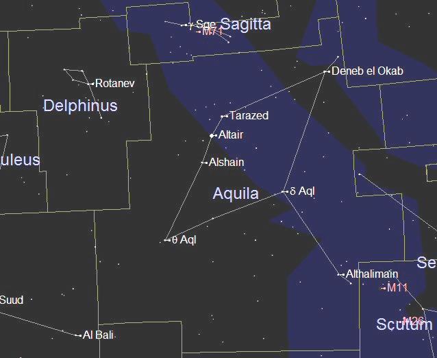 SAGITTA, DELPHINUS AND VULPECULA In the lower part of the Summer Triangle is the small but rather fun to find constellation of Sagitta (the Arrow) and it does really look like an arrow when seen in a