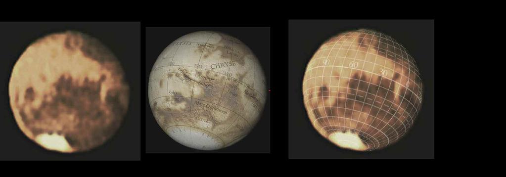 MARS South at bottom. Original image left compared to fly by space craft image of same scale.