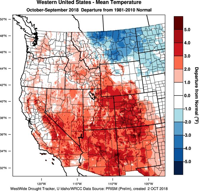Closing the book on the water year we can see from Figure 2 that the western US ended up mostly warmer than normal with the exceptions being a significant amount of Washington, portions of Oregon,
