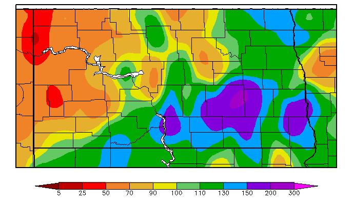 Spring 2015 Weather in North Dakota: Total Precipitation percent of mean (1981-2010)