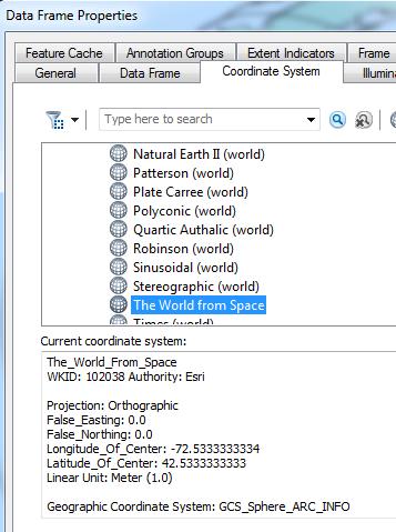 Projected Coordinate Systems à World à The World from Space Again, look at the data from properties, you should see a bottom pane in the window that shows and orthographic projection, similar to the