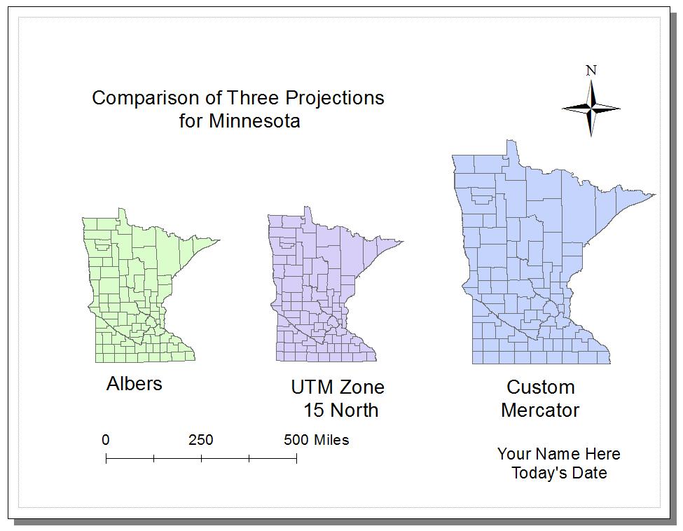 Create a map with all three Minnesota projections We wish to create a map with all three projections. For a fair comparison, we ll need to set a fixed scale for each of the data frames.