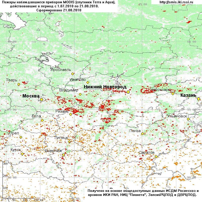 Fires in Central European Russia in 2010 The fires have been mapped using MODIS data and MOD14 thermal anomalies detection algorithm