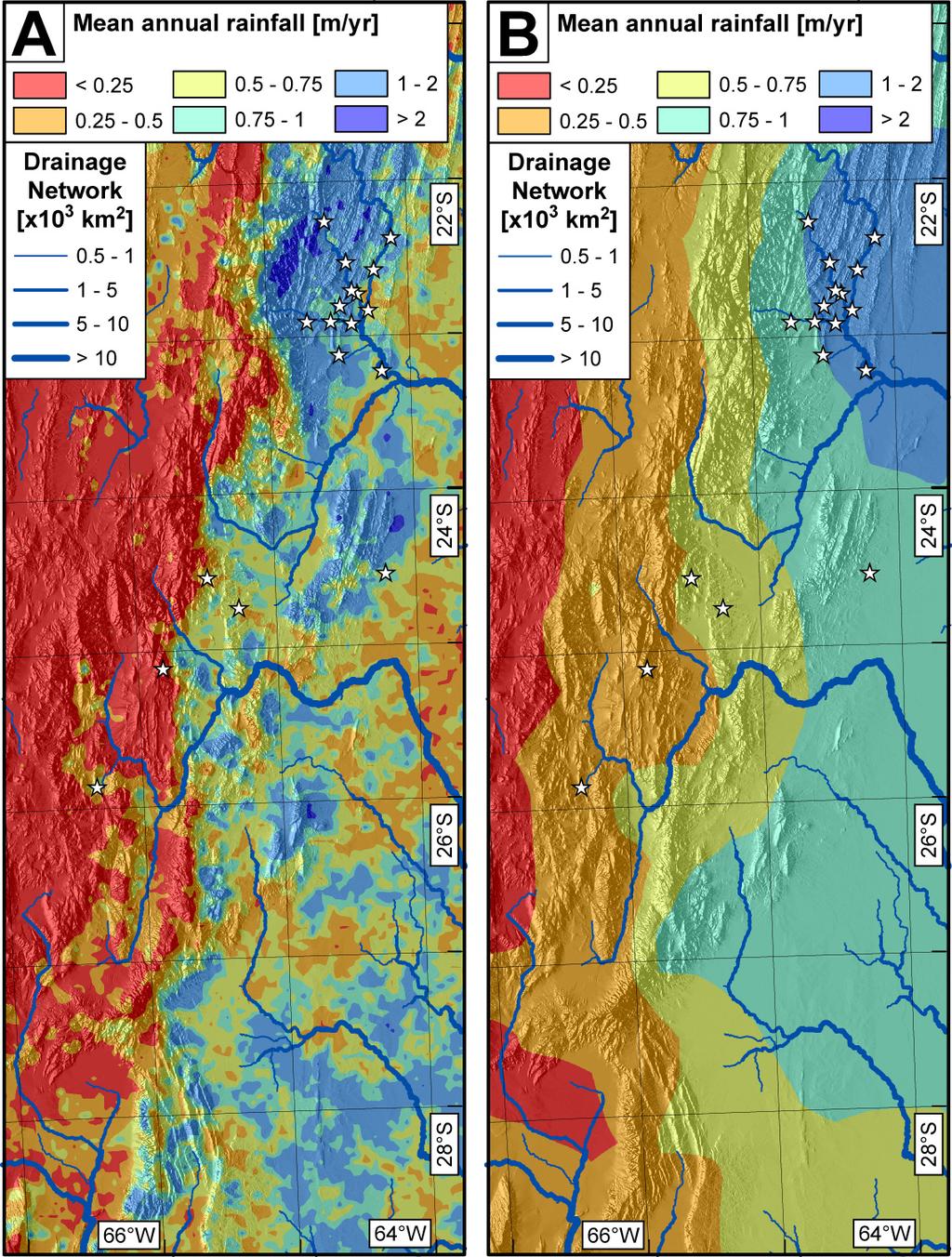 B. Bookhagen and M.R. Strecker: Spatiotemporal trends in erosion rates Figure DR 3: Spatial comparison of TRMM 2B31 (A) and TRMM 3B42 (B) data.