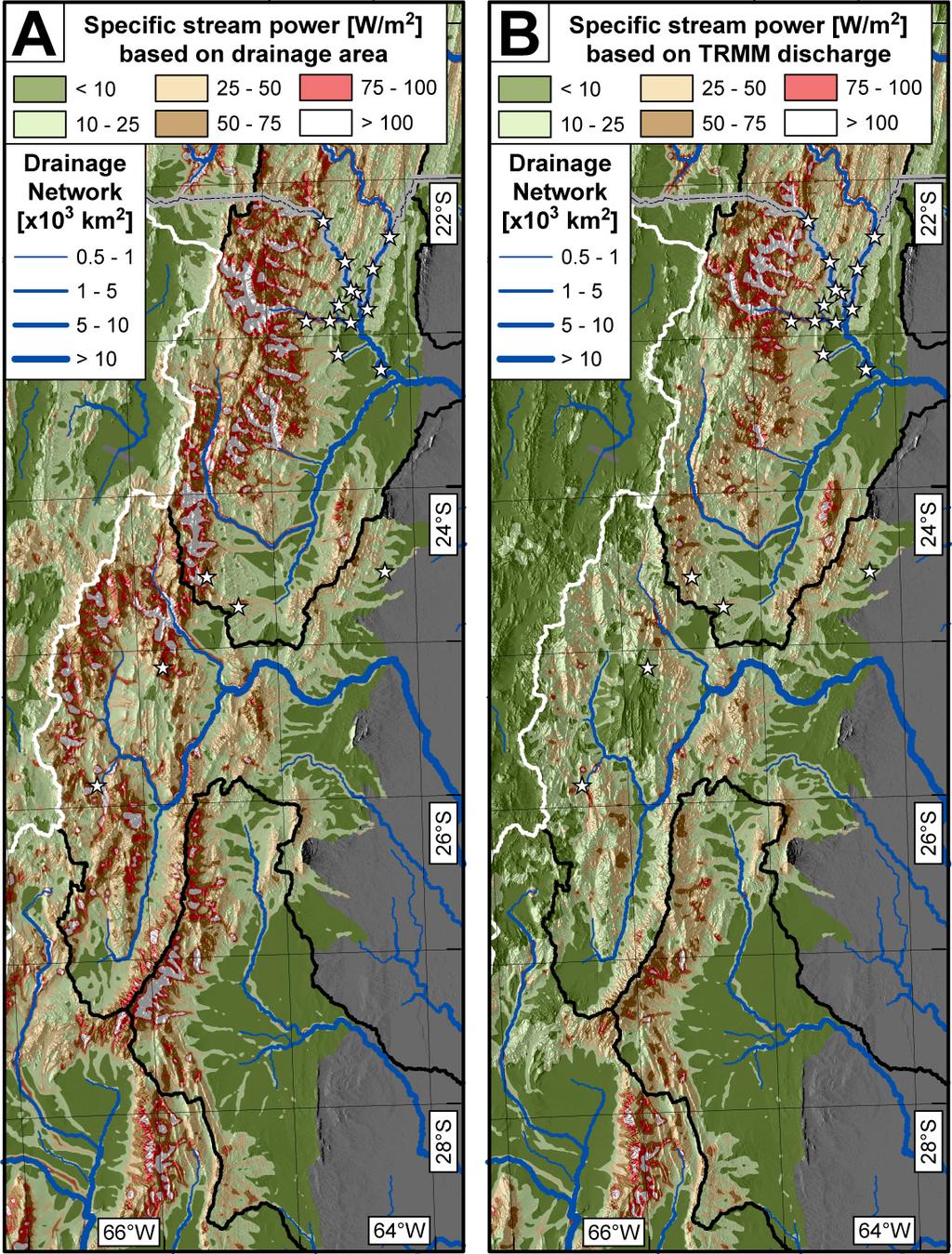 B. Bookhagen and M.R. Strecker: Spatiotemporal trends in erosion rates 4. Results Figure DR 7: Comparison between specific stream power (SSP) based on drainage area (A) and TRMM discharge (B).