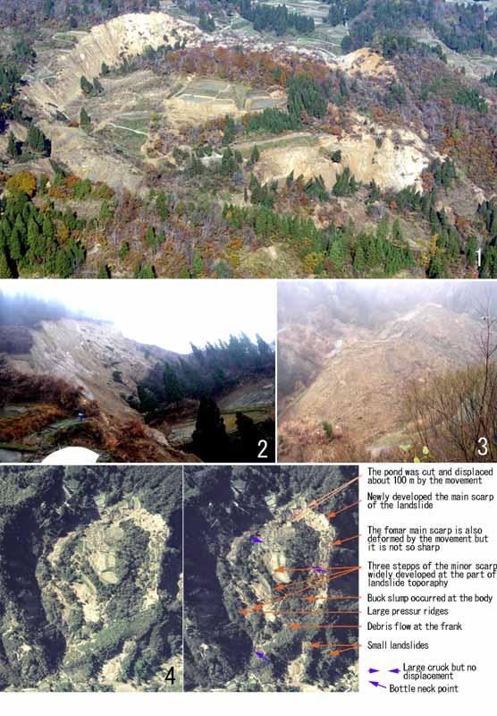 Fig.7 Geomorphic features of the biggest landslide at Kajikane site, Yamakoshi village. 1.