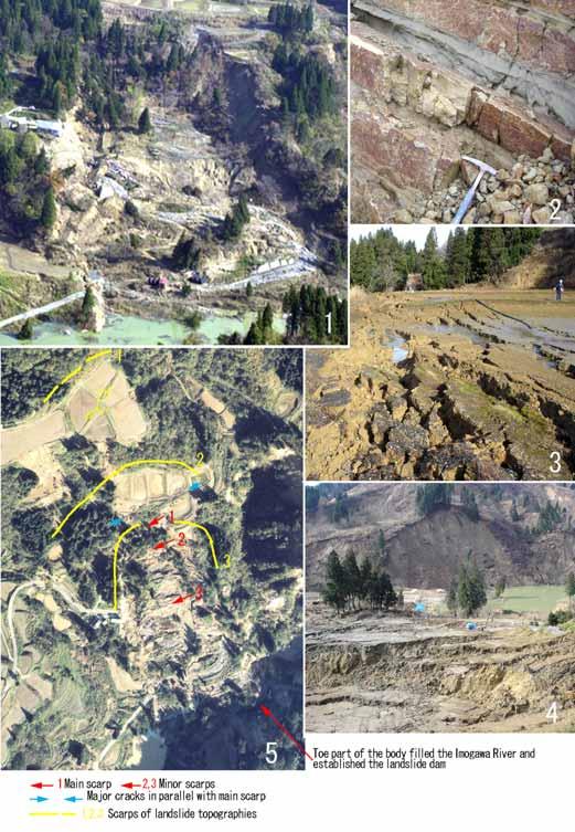 Fig.8 Geomorphic features of landslide at Terano site. 1. Overview of the landslide, 2.