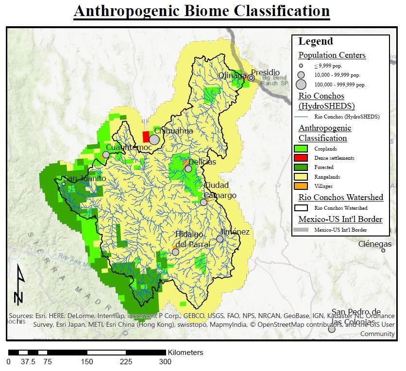 Figure 13. Anthropogenic land use in the Rio Conchos basin is predominantly for animal husbandry and rangeland. The upper (southwest) contributory areas to the basin are less developed forest.