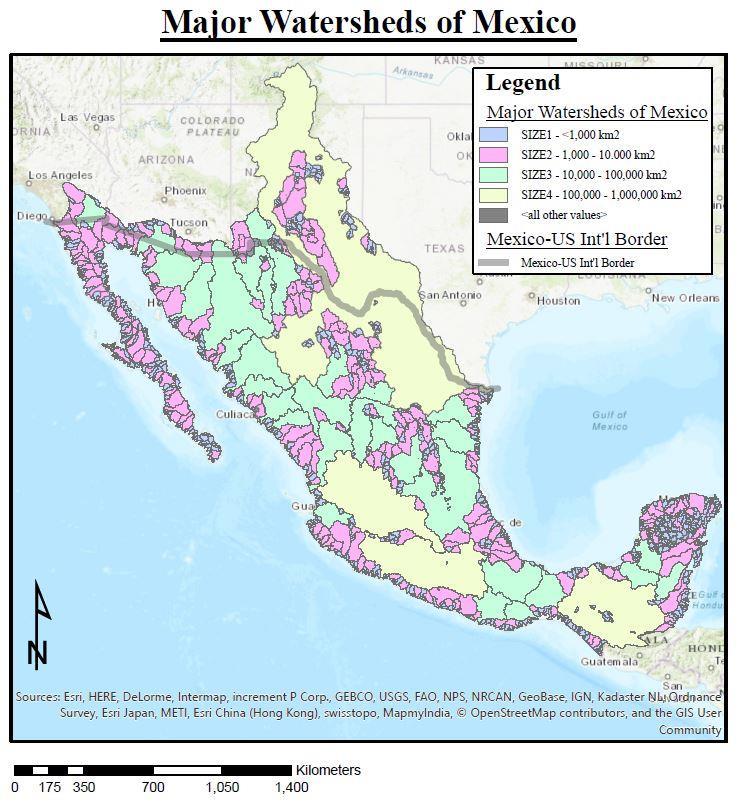 Figure 1. There are several large watersheds across Mexico. The Nature Conservancy (TNC) classifies watersheds in Mexico by areal extent.