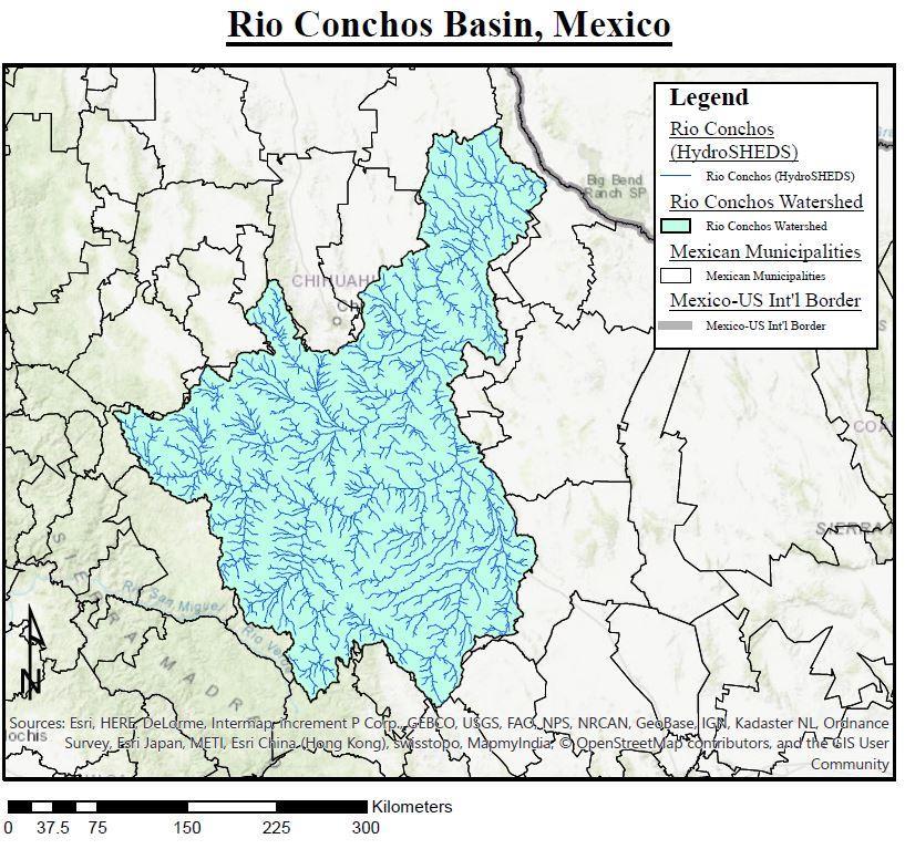 Figure 4. The Rio Conchos Basin is approximately 68,000 km 2 and the main reach of the Rio Conchos is approximately 560 km.
