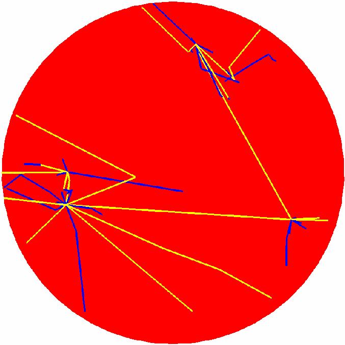 MONSOL Simulation: neutron and γ-ray tracks a bare ball of highly enriched uranium (HE) with radius of 3.