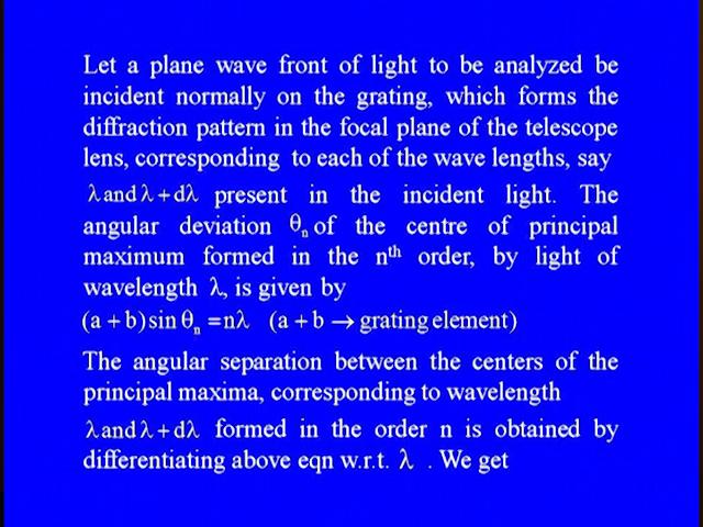 Now let a plane wave front of light to be analyzed be incident normally on the grating which forms the diffraction pattern in the focal plane of the telescope lens