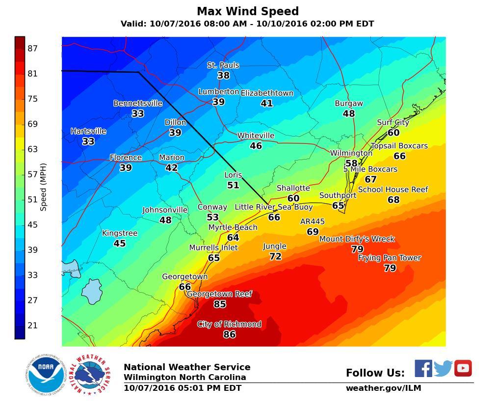 Peak Sustained Wind Information Winds will begin to increase late tonight across northeast SC, and then spread NE through daylight Saturday.