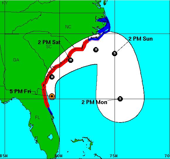 Official NHC 5 Day Forecast Track The official track has Matthew brushing the SC coast overnight before passing just south for Cape Fear Saturday evening.