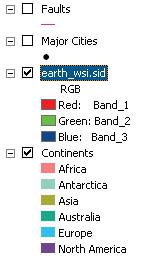 5. In the table of contents, click earth_wsi.sid and drag it above the Continents layer. Q11 Are there any areas where physical features, plate boundaries, and seismic and volcanic activities overlap?