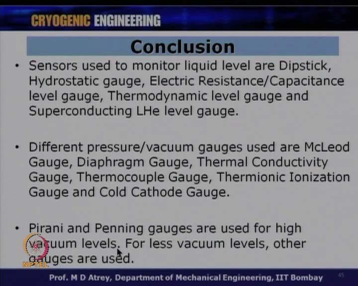 (Refer Slide Time: 46:24) Sensor used to monitor liquid level are dipstick, hydrostatic gauge, electric resistance, capacitance level gauge, thermodynamic level gauge, and superconducting liquid