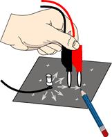 When the displayed voltage is the highest, stop moving the tip of the red voltage lead. 6. Draw an arrow on the conductive paper from the tip of the black lead to the tip of the red lead. 7.