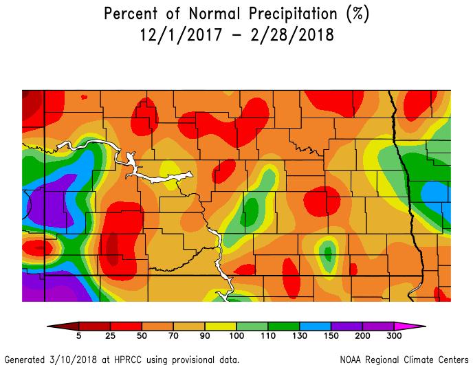 Using analysis from the National Centers for Environmental Information (NCEI), the average North Dakota precipitation for the winter season (Dec. 1, 2017, through Feb. 28, 2018) was 1.
