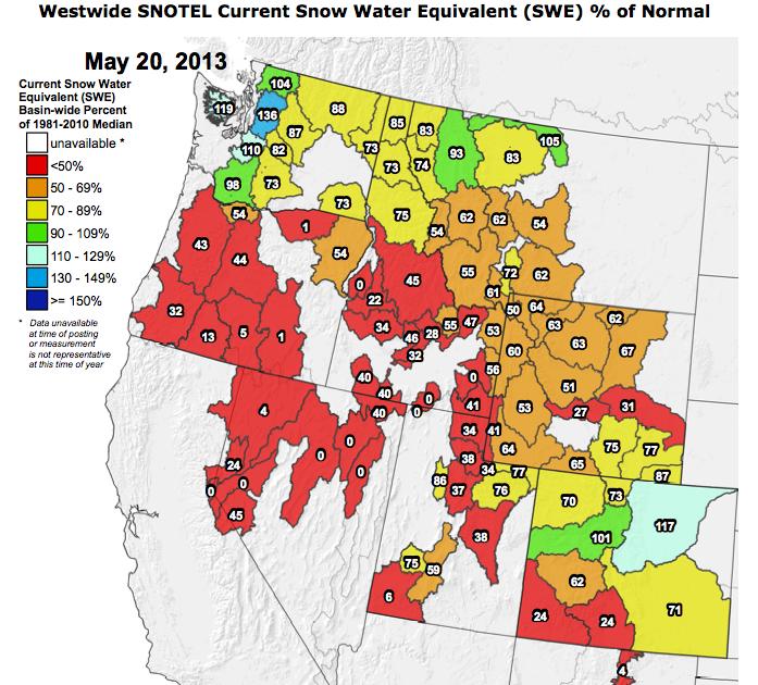 April Precipitation: Above average precipitation fell across most of the northern part of the UCRB (with the exception of Sweetwater County, WY which was between 30% and 100% of average