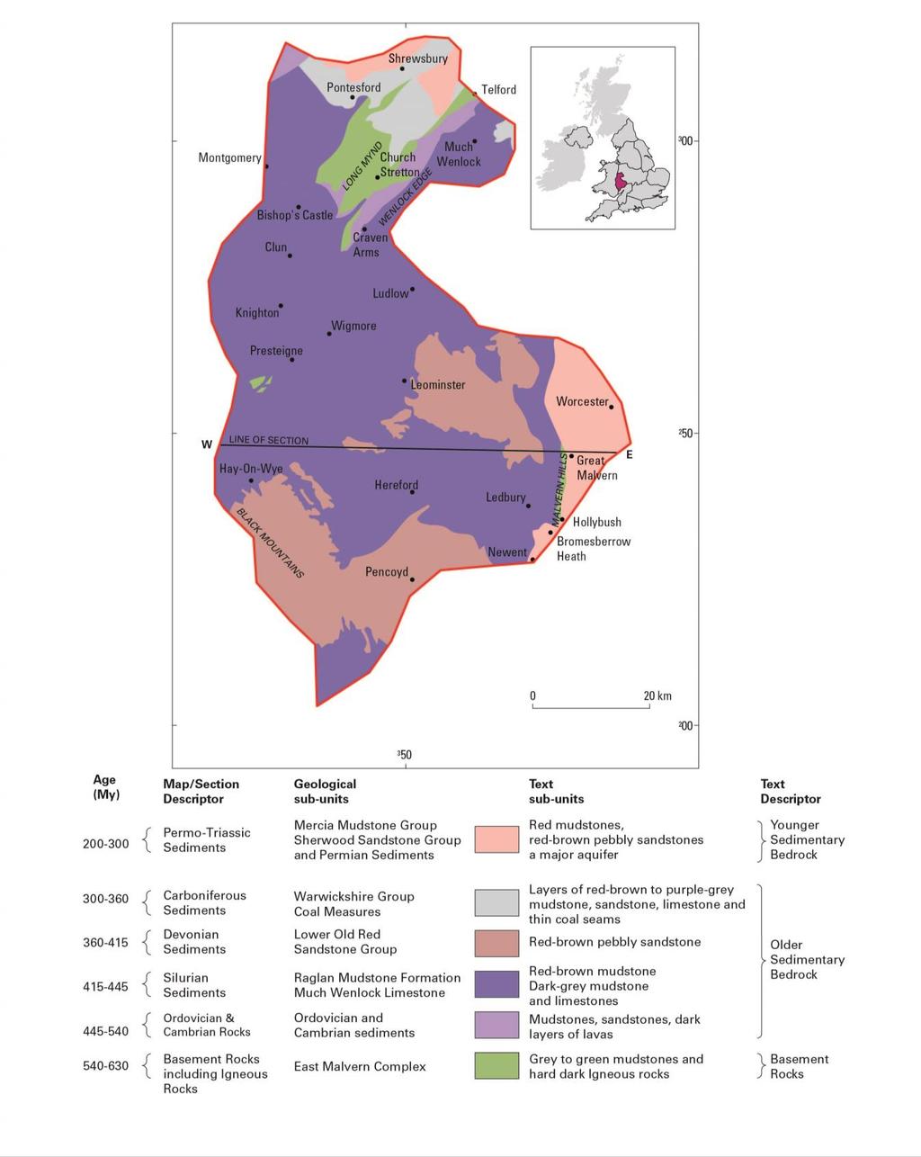 Figure 1 Geological map showing the range and distribution of different rock types in The Welsh Borderland, in