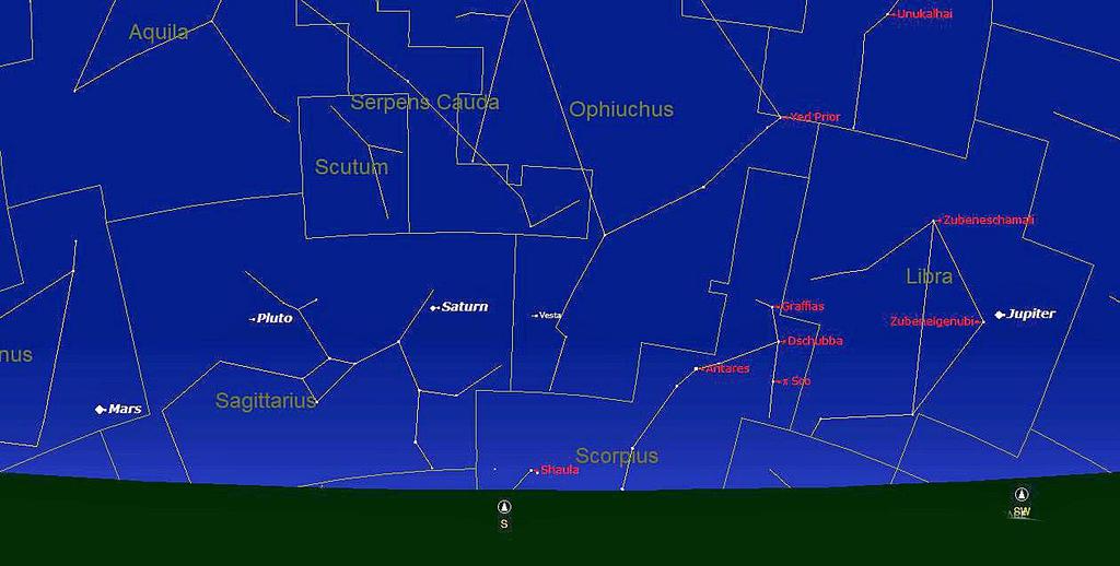 This is still a good time to observe it but by the end of the month it will be disappearing in the evening twilight. The second star chart shows the sky in the south at the same date and time.