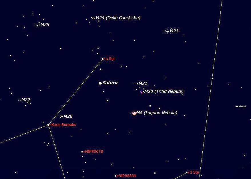 In the next star chart, I have zoomed in on Saturn at 22:45 on August 1 st. Here you can see many of the Messier objects which can be found in this region of the sky.